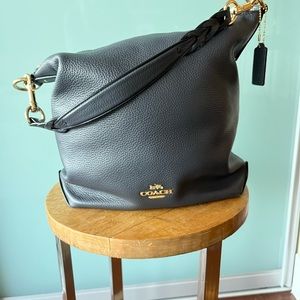 Coach
Zip top  Navy pebble leather 
Has both cross body strap and shoulder strap